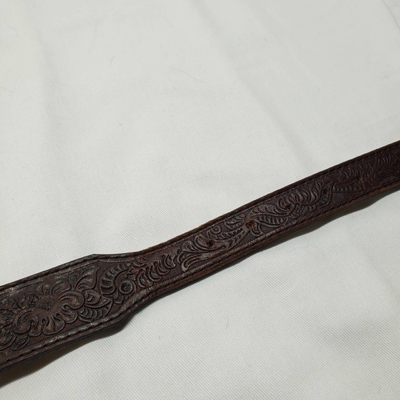 Leather Tooled Cowhide Belt Size 44 Brown With Silver Buckle MAde in The USA - Picture 5 of 11